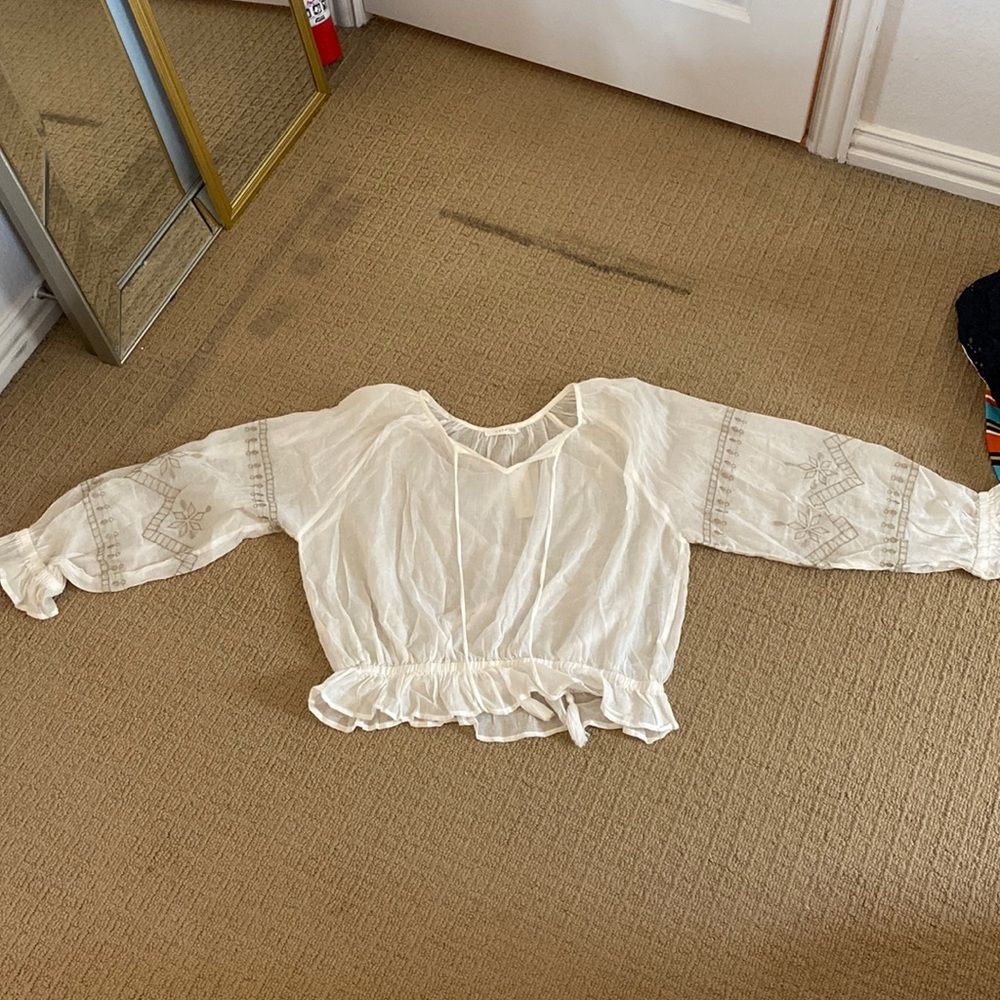 White see through long sleeve top with elastic bottom and ties